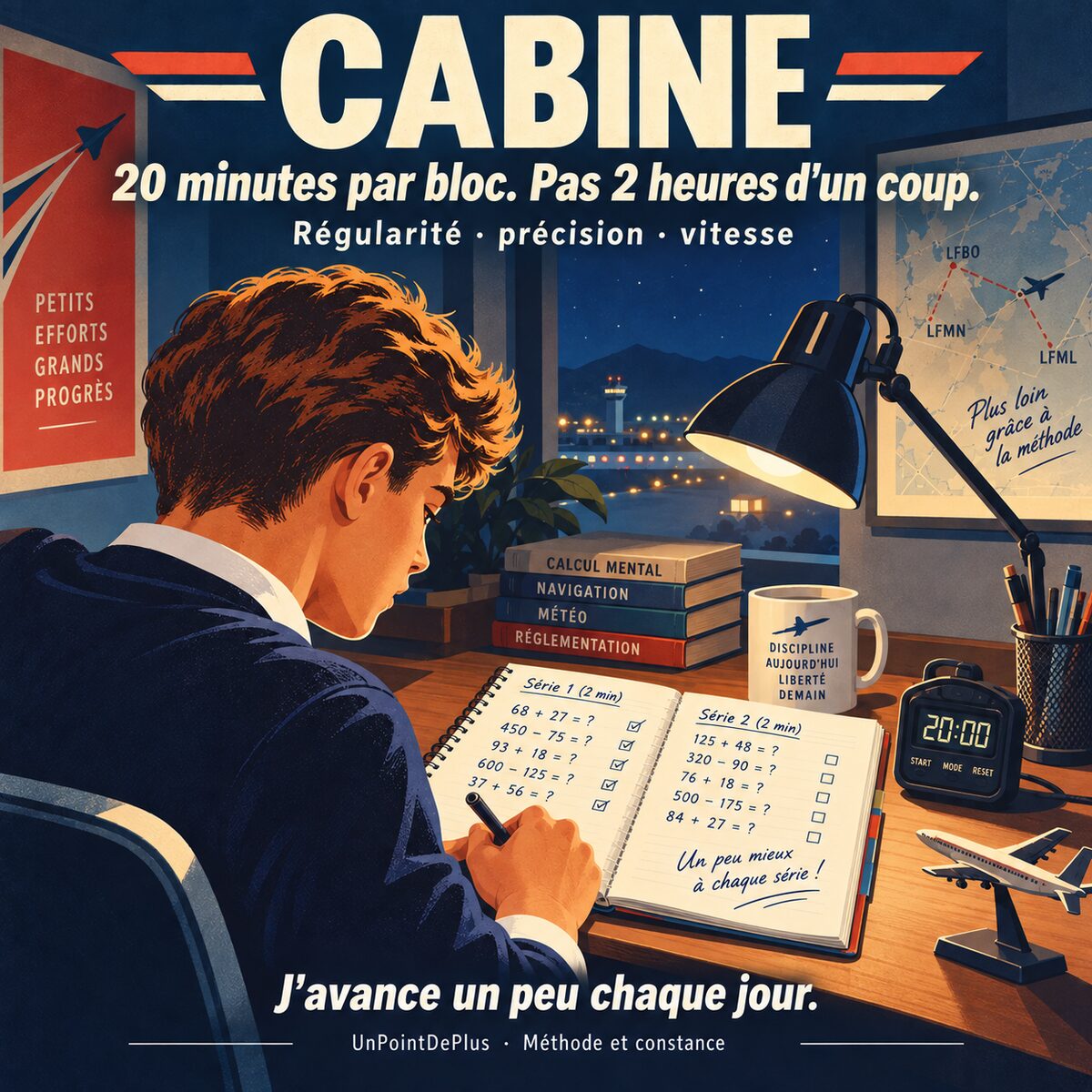 Illustration d'un élève travaillant des séries de calcul mental le soir, avec la mention 20 minutes par bloc, pas 2 heures d'un coup