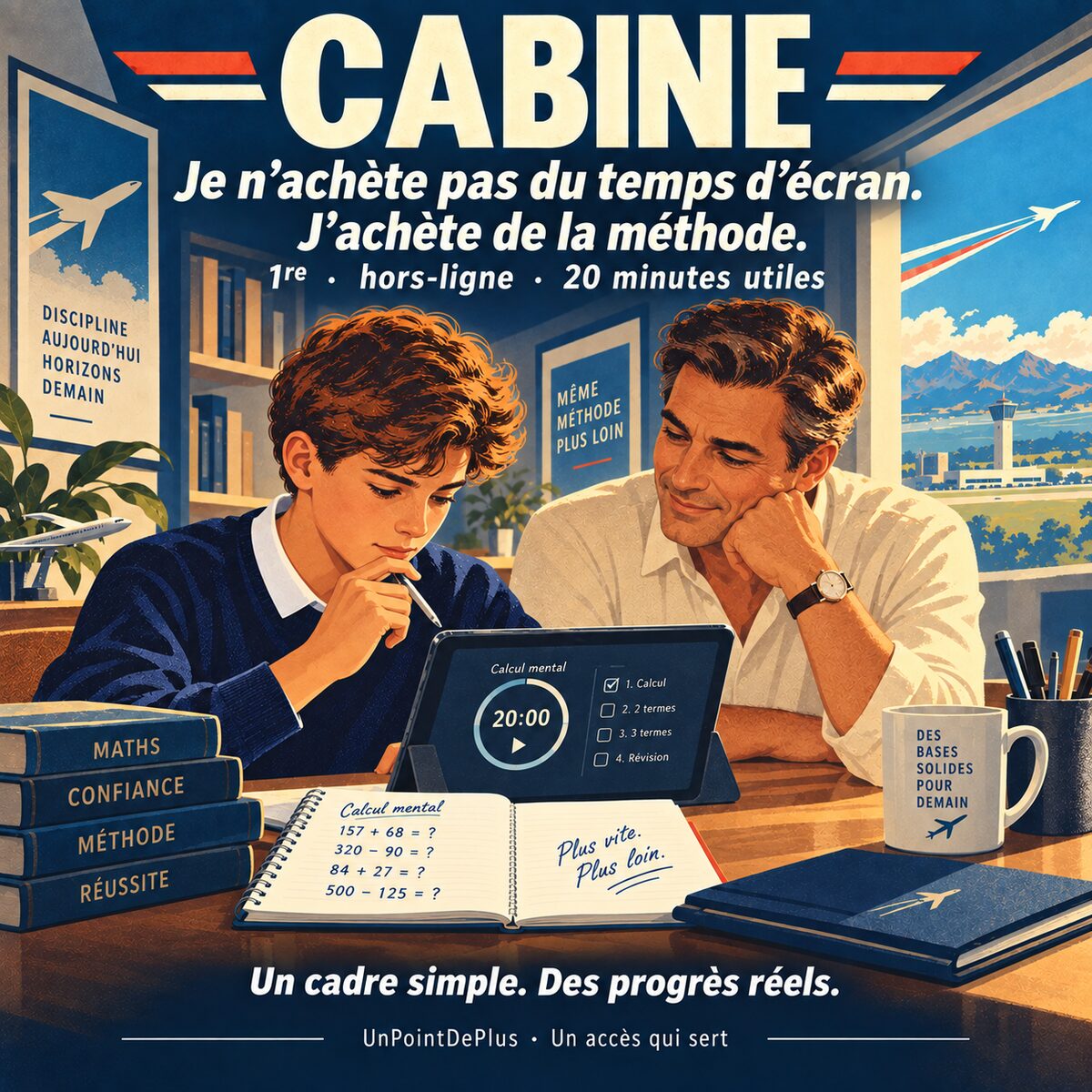 Illustration d'un père et son fils regardant ensemble une tablette affichant un exercice de calcul mental chronométré