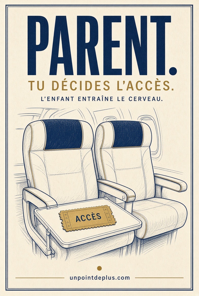 Affiche rétro façon Loewy : deux sièges d'avion, un billet doré « ACCÈS » posé sur la tablette. Texte : « Parent, tu décides l'accès ; l'enfant entraîne le cerveau. » — unpointdeplus.com