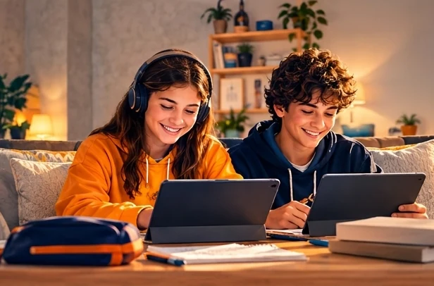Deux élèves révisent les maths à la maison, sur tablette.