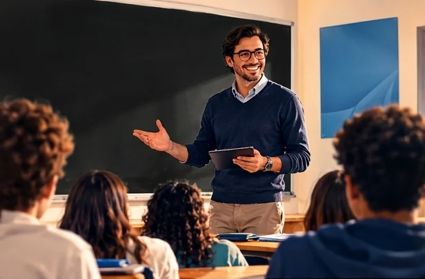 Un professeur explique au tableau devant sa classe.